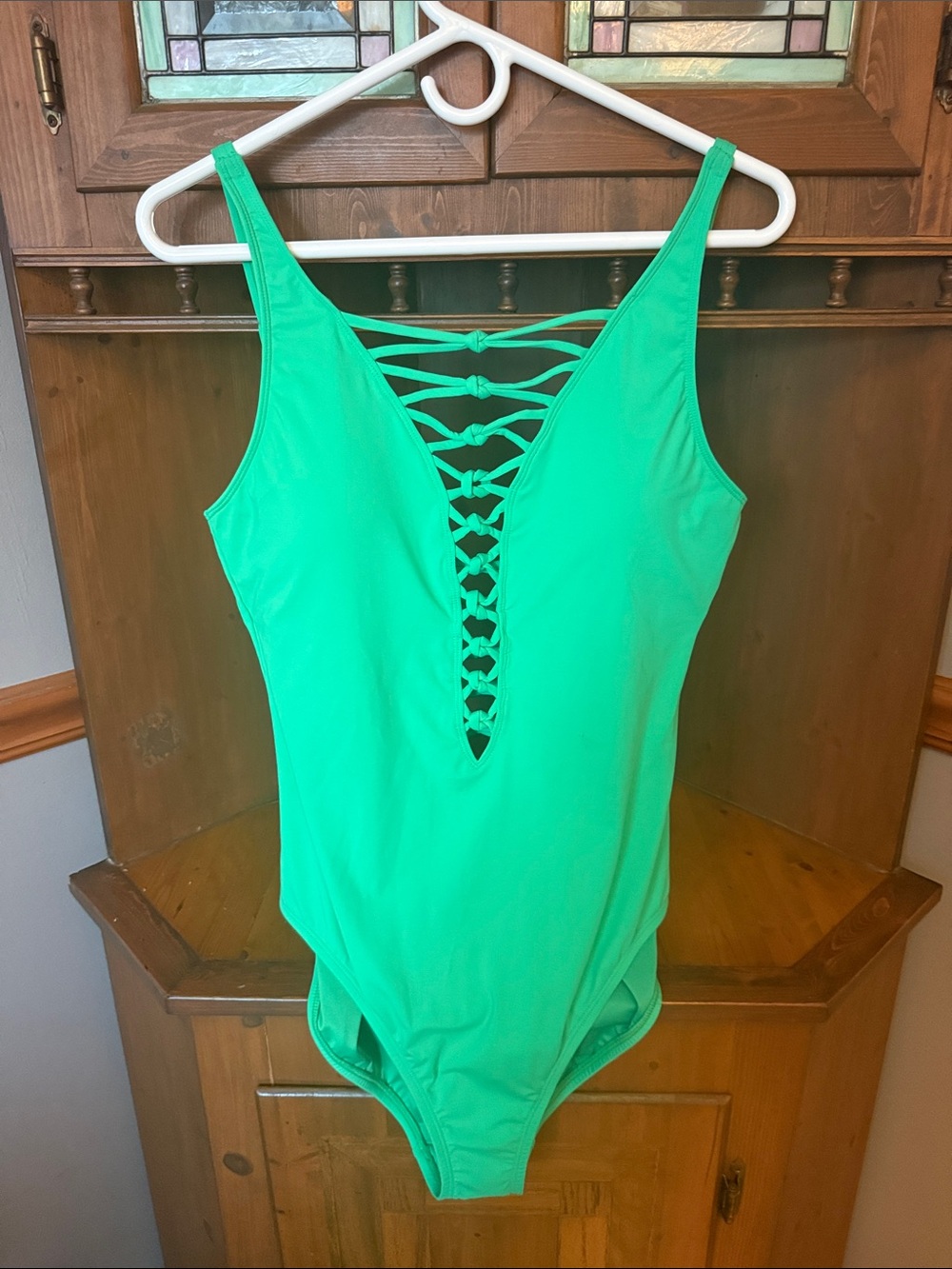 NWT Bleu Rod Beattie Let's Get Knotty Lace Down One Piece Swimsuit Green